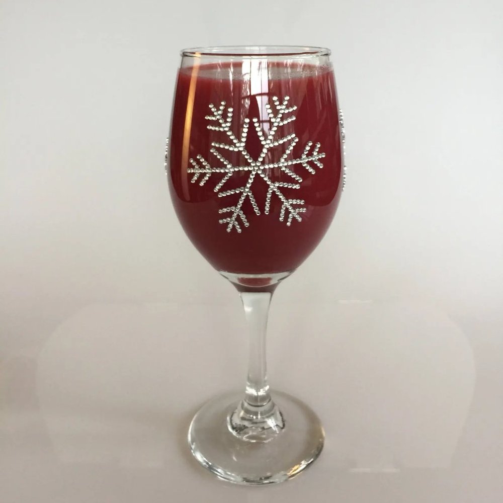 Wine glass, unique, handmade. 3 different snowflake designs. Silver rhinestones